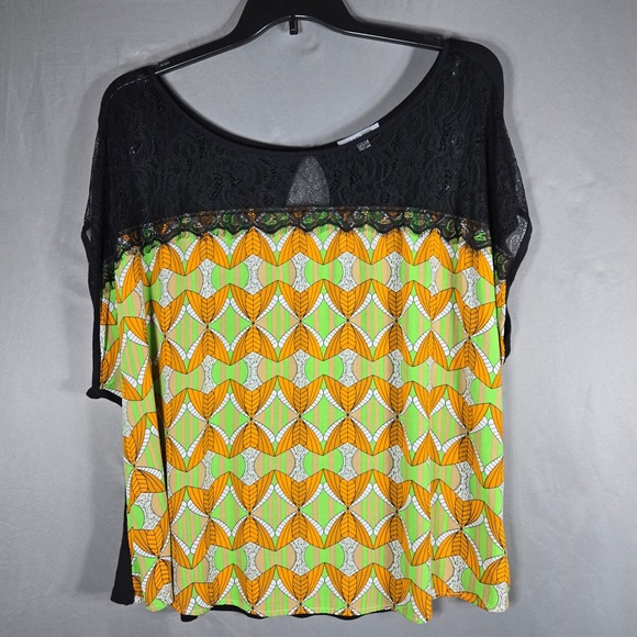 Wapi For Plus Tops - Wapi For Plus Geometric Lace Yoke Blouse Womens 2X Green Orange Rayon Top
